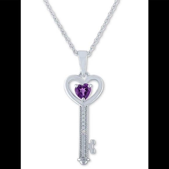 NWT NIB STERLING SILVER AMETHYST & DIAMOND “YOU HOLD THE KEY” NECKLACE - Picture 2 of 8